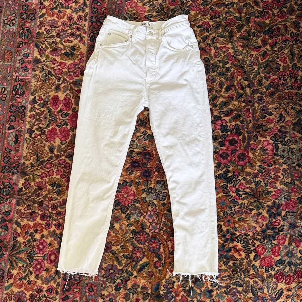 AGOLDE White Cropped High-Rise Jeans with Frayed Hem